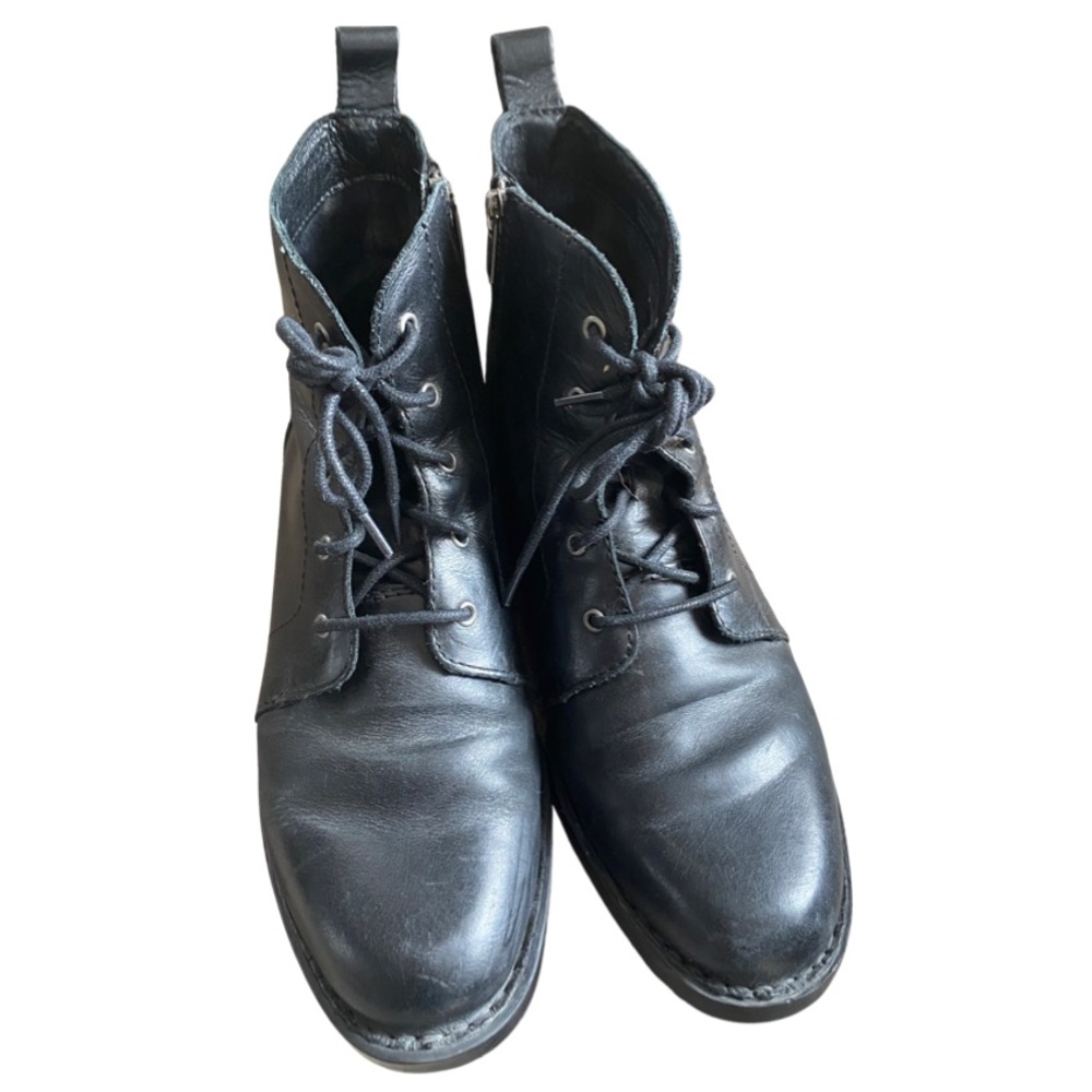 BORN Black Leather Lace Up Side Zip Heeled Boots